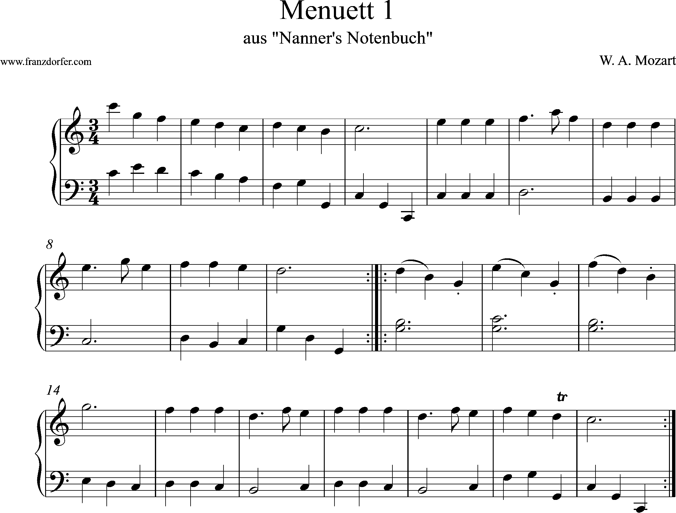 klaviernoten, MEnuett 1 , nannerls notenbuch